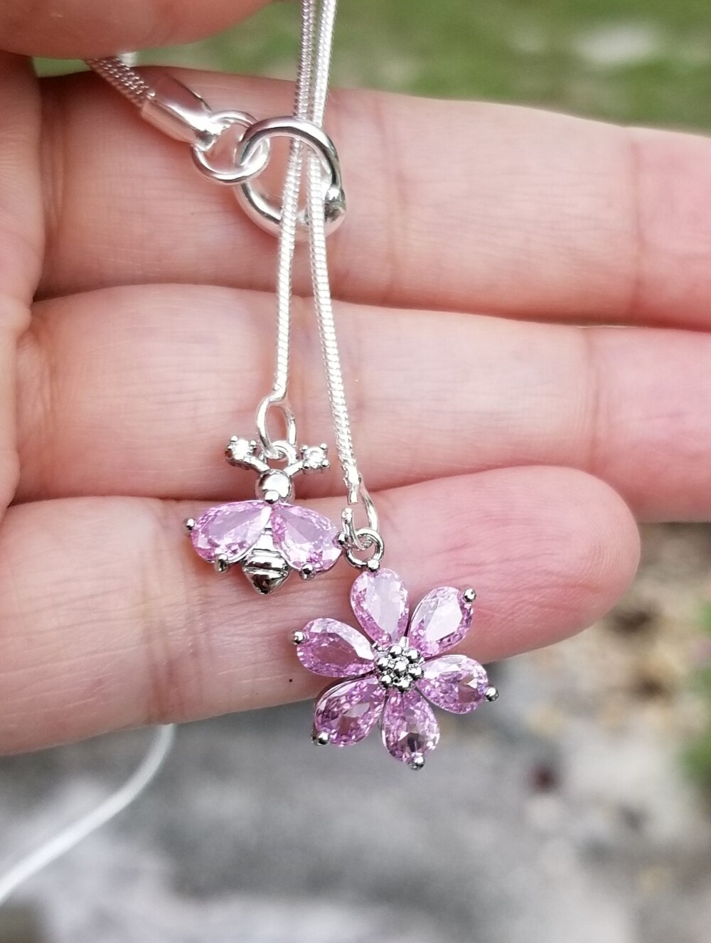 Sterling Silver Pink Tourmaline Lariat Necklace, Pink Flower & Bee Pendant